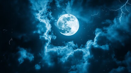 Obraz premium An empty scene featuring dark silhouettes of swirling clouds and lightning against a bright full moon backdrop, creating an ideal product mockup space, 