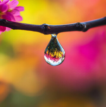 drop of water is hanging on the branch, reflectinga butiful summer day. The background warm color changes from green, yellow and pink. In the reflection inside the droplet