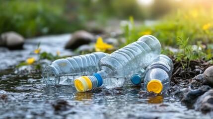 Fototapeta premium Plastic Bottles Littering a Stream in Nature
