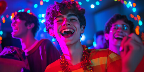 Halloween party fun with boys goofy costume dancing energetically under glowing lights
