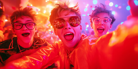 Obraz premium Boys going crazy on the dance floor at a Halloween party, surrounded by exciting light effects