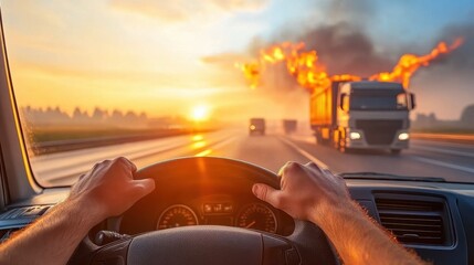 Man Driving Car with Hands on Steering Wheel at Sunset
