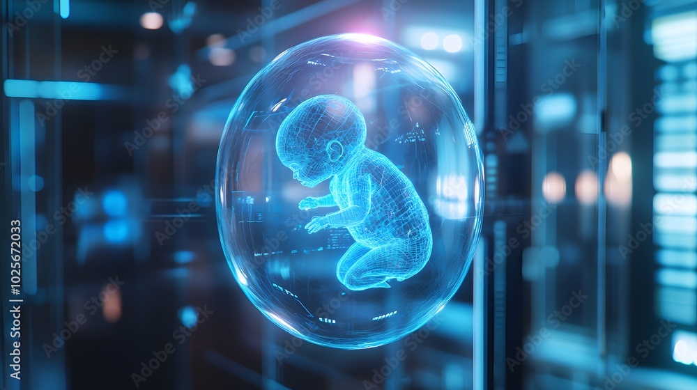 Aufkleber 35. a floating hologram of a fetus developing in a glowing environment