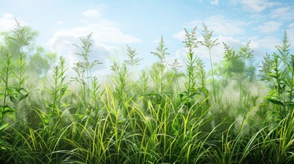 Obraz premium Lush Green Grass and Wildflowers Against a Blue Sky