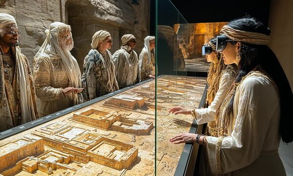 Visitors engage with a virtual reality exhibit of ancient architecture.