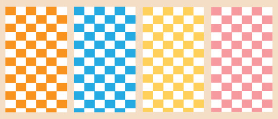 Colorful trendy checkerboard square seamless pattern collection. Set of geometric modern pastel square background in vintage style. Funky hippie fashion textile print, retro background
