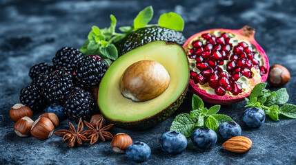 Fresh and Colorful Assortment of Healthy Fruits and Nuts on a Blue Background