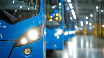 Modern Fleet of Blue Buses Ready for Operation in a Spacious Depot