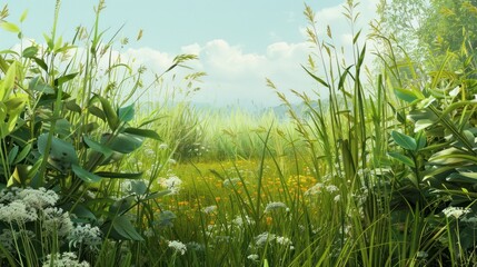 Obraz premium Lush Green Meadow with White and Yellow Flowers and a Blue Sky
