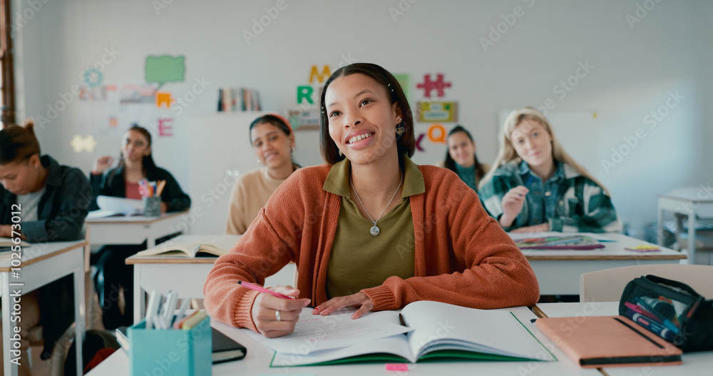 Aufkleber Education, smile and student with girl in classroom for learning, notebook and scholarship. Academy, knowledge and future with person in high school for solution, studying and problem solving
