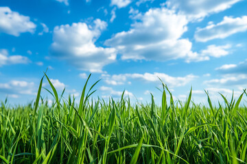 Fresh Green Grass and Blue Sky Horizon: Tranquil Outdoor Nature Scene