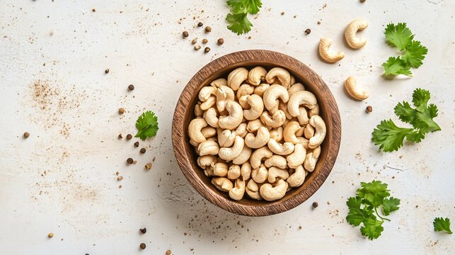 Cashews in a wooden bowl, isolated on a soft beige background with decorative cumin seeds and cilantro leaves