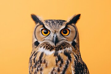 Obraz premium Close-up Portrait of a Brown and Black Owl with Bright Orange Eyes Against a Yellow Background