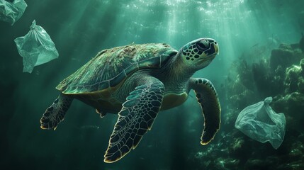 Obraz premium Sea Turtle Swimming Through Plastic Waste in the Ocean