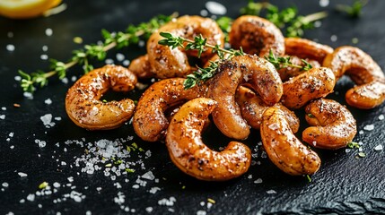 Roasted cashew nuts sprinkled with sea salt, isolated on a black slate background with decorative thyme and lemon zest