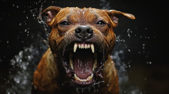A dog with its mouth open and teeth bared, with water splashing around it