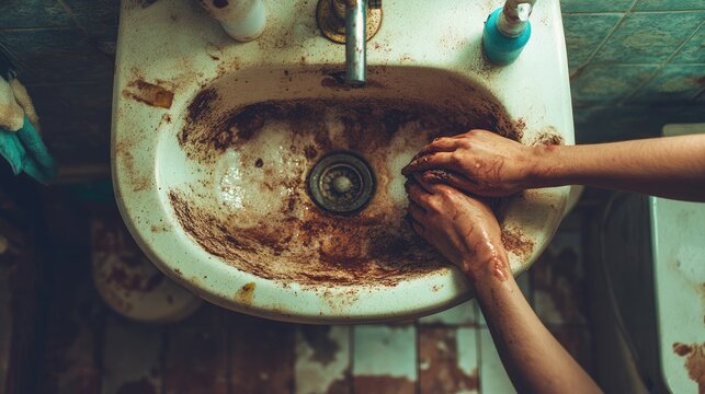 Dirty Sink with Hands Scrubbing Stains