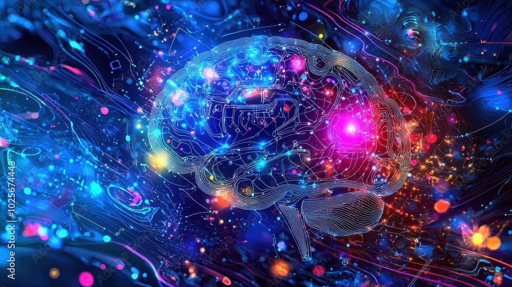 Poster digital brain with circuitry and colorful effects