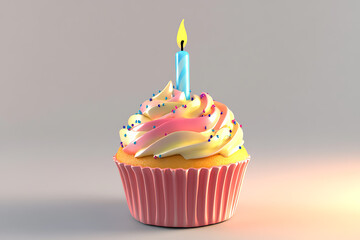 A colorful cupcake with frosting and a lit candle, ideal for celebrations.