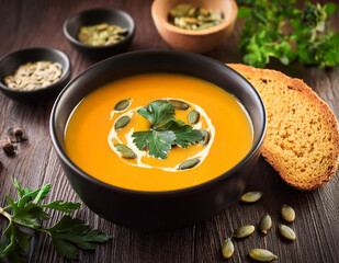 Homemade pumpkin soup with seeds and parsley on rustic wooden table