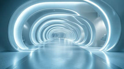 Obraz premium Abstract futuristic blue tunnel with a glowing light at the end, creating a surreal space.
