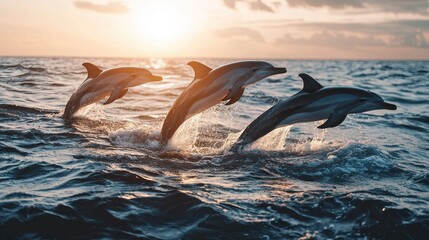 Fototapeta premium Dolphins Leaping Through Water at Sunset