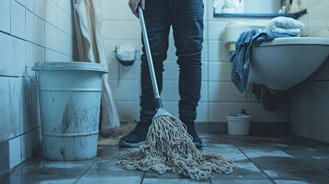 Cleaning Bathroom with Mop and Bucket