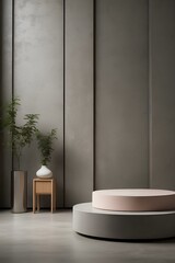 Minimalist Industrial Aesthetic with Round Podium and Textured Wall for Product Showcase