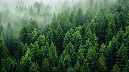 Fototapeta premium A Dense Evergreen Forest Enveloped in Mist