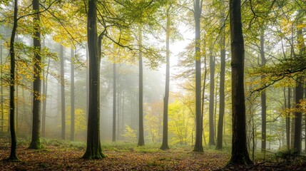 Early Morning in a Foggy Forest with Towering Trees
