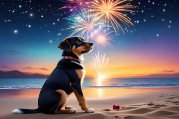 Dog with fireworks new year's eve. Cute puppy sitting on beach, watching colorful fireworks night sky, reflection ocean water background, christmas holiday event vacation memory with loving pet animal