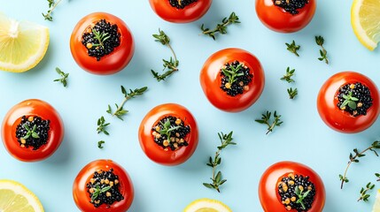Caviar-stuffed cherry tomatoes, isolated on a light blue background with decorative lemon wedges and thyme