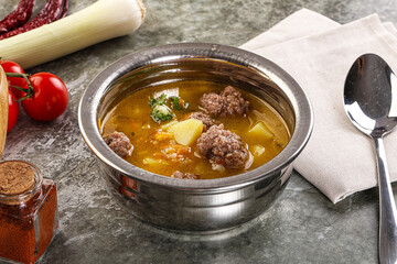 Soup with beef meatball and vegetables