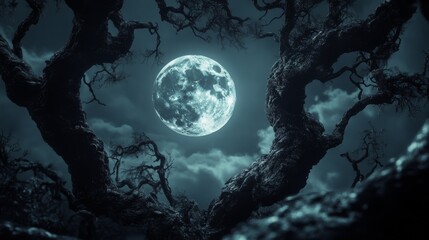 Fototapeta premium An empty scene featuring shadowy outlines of gnarled trees with faces in their trunks silhouetted against the full moon, creating an ideal product mockup space, 