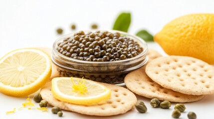 Luxury caviar spread on crackers, isolated on a soft white background with decorative lemon zest and capers