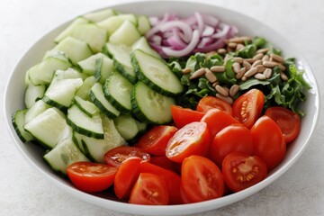 A colorful salad with cucumbers, tomatoes, onions, and greens, ideal for healthy eating.