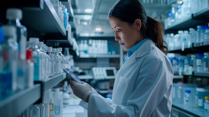 clinical researcher in lab coat is focused on tablet while surrounded by various laboratory supplies. atmosphere is professional and dedicated to scientific research