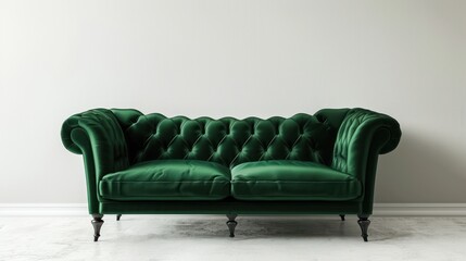 A Green Velvet Chesterfield Sofa Against a White Wall