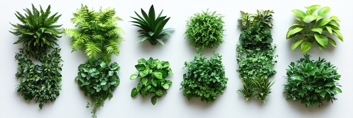Fototapeta premium Green Plants Wall Foliage, Lush Vertical Garden with Ferns, Moss, and Leaves on White Background, Nature Asset Concept, Natural Home Decor Design