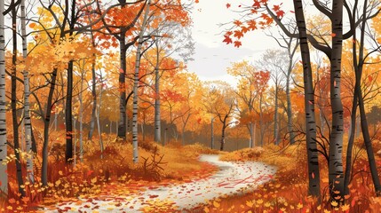 Obraz premium A Winding Path Through a Forest of Vibrant Autumn Colors