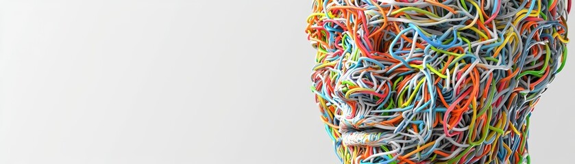 Idea generation, human head filled with colorful swirling ideas, symbols of business and technology,  creative thinking