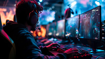Immersed in vibrant gaming environment, player engages intensely with multiple screens, showcasing excitement of competitive gaming. atmosphere is charged with energy and focus