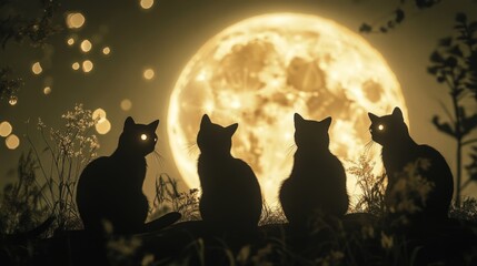 An empty scene featuring silhouetted black cats with glowing eyes against a full moon, creating an ideal product mockup space, with ample copy space for text, 