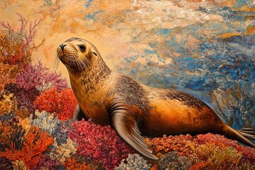 Fototapeta premium A Sea Lion Resting Amidst Vibrant Coral Reefs