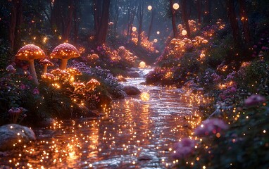 Enchanted forest stream with glowing mushrooms and magical lights