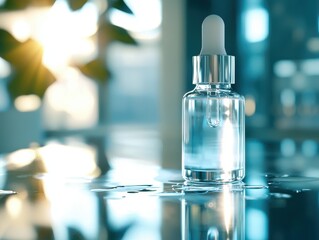Clear Serum Dropper Bottle on Reflective Surface