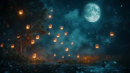 Fototapeta premium An empty scene featuring silhouettes of floating lanterns and ghosts drifting through a dark forest illuminated by the full moon