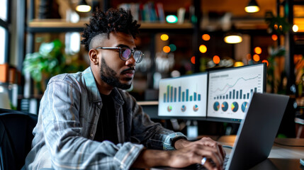 young tech entrepreneur is focused on his work in casual office setting, analyzing data on multiple screens. His concentration reflects dynamic environment of modern business