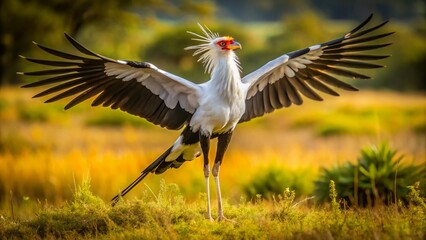 Fototapeta premium Majestic African Secretary Bird Stands Tall in Natural Habitat with Graceful Long Legs and Wings Spread