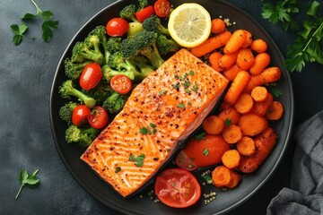 A healthy meal featuring salmon, broccoli, cherry tomatoes, and carrots on a black plate.
